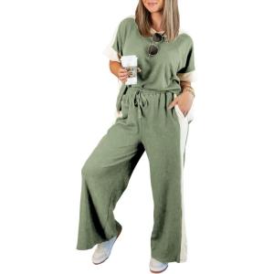 imageEXLURA Womens Summer 2 Piece Outfits Color Block Short Sleeve Tops Tracksuit Wide Leg Pants Matching Set Lounge Sets 2025Grey Green