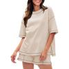 imageEXLURA Womens Casual Summer 2 Piece Sets 100 Cotton Short Sleeve Tshirt and Shorts Matching Sweatsuits Lounge Set 2025Apricot
