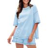 imageEXLURA Womens Casual Summer 2 Piece Sets 100 Cotton Short Sleeve Tshirt and Shorts Matching Sweatsuits Lounge Set 2025Light Blue