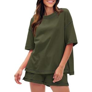 imageEXLURA Womens Casual Summer 2 Piece Sets 100 Cotton Short Sleeve Tshirt and Shorts Matching Sweatsuits Lounge Set 2025Army Green