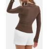 imageEXLURA Womens 2025 Spring Long Sleeve Henley T Shirts Button Ribbed Knit Slim Fit Casual Basic TopsBrown