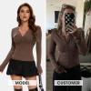 imageEXLURA Womens 2025 Spring Long Sleeve Henley T Shirts Button Ribbed Knit Slim Fit Casual Basic TopsBrown