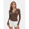 imageEXLURA Womens 2025 Spring Long Sleeve Henley T Shirts Button Ribbed Knit Slim Fit Casual Basic TopsBrown