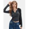 imageEXLURA Womens 2025 Spring Long Sleeve Henley T Shirts Button Ribbed Knit Slim Fit Casual Basic TopsDark Grey