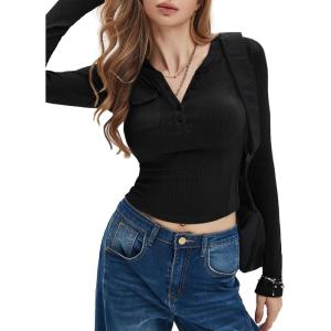 imageEXLURA Womens 2025 Spring Long Sleeve Henley T Shirts Button Ribbed Knit Slim Fit Casual Basic TopsBlack