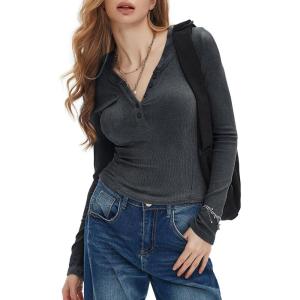 imageEXLURA Womens 2025 Spring Long Sleeve Henley T Shirts Button Ribbed Knit Slim Fit Casual Basic TopsDark Grey