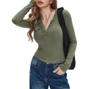 imageEXLURA Womens 2025 Spring Long Sleeve Henley T Shirts Button Ribbed Knit Slim Fit Casual Basic TopsGrey Green