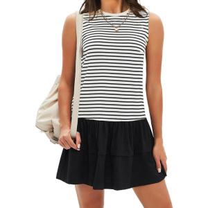 imageEXLURA Womens Summer Sleeveless Sundress 2025 Casual Striped Patchwork Mini Tank Dress with PocketsApricot Black