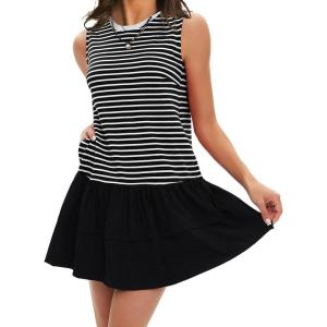 imageEXLURA Womens Summer Sleeveless Sundress 2025 Casual Striped Patchwork Mini Tank Dress with PocketsBlack Apricot