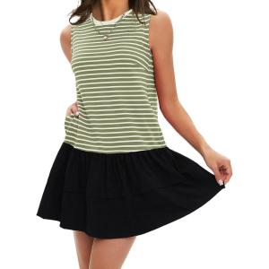imageEXLURA Womens Summer Sleeveless Sundress 2025 Casual Striped Patchwork Mini Tank Dress with PocketsGreen Apricot