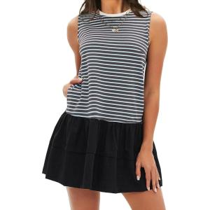 imageEXLURA Womens Summer Sleeveless Sundress 2025 Casual Striped Patchwork Mini Tank Dress with PocketsGrey Blue