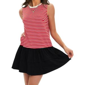 imageEXLURA Womens Summer Sleeveless Sundress 2025 Casual Striped Patchwork Mini Tank Dress with PocketsRed White