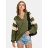 imageEXLURA Womens Oversized V Neck Henley Shirt Patchwork 2024 Color Block Sweatshirt Long Sleeve Button Pullover Tunic TopsArmy Green