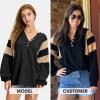 imageEXLURA Womens Oversized V Neck Henley Shirt Patchwork 2024 Color Block Sweatshirt Long Sleeve Button Pullover Tunic TopsBlack