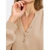 imageEXLURA Womens Oversized V Neck Henley Shirt Patchwork 2024 Color Block Sweatshirt Long Sleeve Button Pullover Tunic TopsKhaki