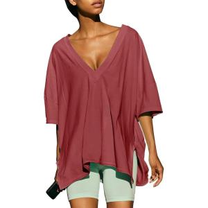 imageEXLURA Womens Casual Oversized V Neck TShirts Tops Reversible Athletic Workout Crew Neck Fashion Trendy TeeRed