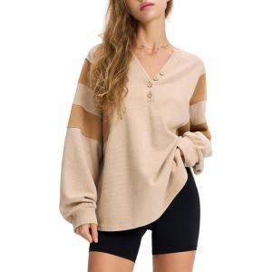 imageEXLURA Womens Oversized V Neck Henley Shirt Patchwork 2024 Color Block Sweatshirt Long Sleeve Button Pullover Tunic TopsApricot