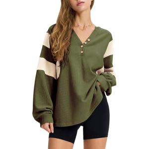 imageEXLURA Womens Oversized V Neck Henley Shirt Patchwork 2024 Color Block Sweatshirt Long Sleeve Button Pullover Tunic TopsArmy Green