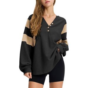 imageEXLURA Womens Oversized V Neck Henley Shirt Patchwork 2024 Color Block Sweatshirt Long Sleeve Button Pullover Tunic TopsBlack