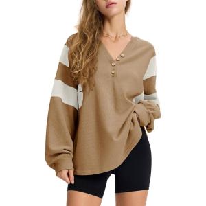 imageEXLURA Womens Oversized V Neck Henley Shirt Patchwork 2024 Color Block Sweatshirt Long Sleeve Button Pullover Tunic TopsBrown