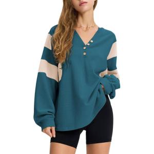 imageEXLURA Womens Oversized V Neck Henley Shirt Patchwork 2024 Color Block Sweatshirt Long Sleeve Button Pullover Tunic TopsDark Green