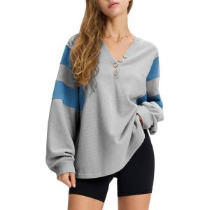 imageEXLURA Womens Oversized V Neck Henley Shirt Patchwork 2024 Color Block Sweatshirt Long Sleeve Button Pullover Tunic TopsGrey