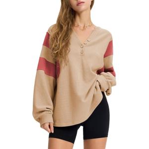 imageEXLURA Womens Oversized V Neck Henley Shirt Patchwork 2024 Color Block Sweatshirt Long Sleeve Button Pullover Tunic TopsKhaki