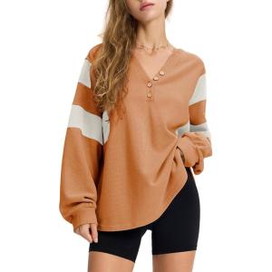 imageEXLURA Womens Oversized V Neck Henley Shirt Patchwork 2024 Color Block Sweatshirt Long Sleeve Button Pullover Tunic TopsOrange