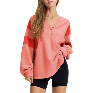 imageEXLURA Womens Oversized V Neck Henley Shirt Patchwork 2024 Color Block Sweatshirt Long Sleeve Button Pullover Tunic TopsPink