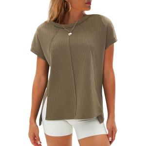 imageEXLURA Womens Summer Oversized Tops Short Sleeve Crewneck Waffle Shirts Casual Blouses Loose Tunic Fashion 2025Army Green