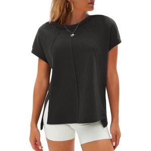 imageEXLURA Womens Summer Oversized Tops Short Sleeve Crewneck Waffle Shirts Casual Blouses Loose Tunic Fashion 2025Black