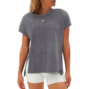imageEXLURA Womens Summer Oversized Tops Short Sleeve Crewneck Waffle Shirts Casual Blouses Loose Tunic Fashion 2025Dark Grey