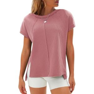 imageEXLURA Womens Summer Oversized Tops Short Sleeve Crewneck Waffle Shirts Casual Blouses Loose Tunic Fashion 2025Grey Purple