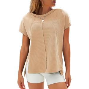 imageEXLURA Womens Summer Oversized Tops Short Sleeve Crewneck Waffle Shirts Casual Blouses Loose Tunic Fashion 2025Khaki