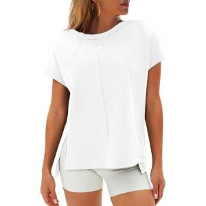imageEXLURA Womens Summer Oversized Tops Short Sleeve Crewneck Waffle Shirts Casual Blouses Loose Tunic Fashion 2025White