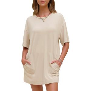 imageEXLURA Womens Summer Short Sleeve T Shirt Dress Casual Crewneck Resort Wear Tops Sundress Vacation Cruise Beach Outfits 2025Khaki