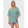 imageEXLURA Womens 2024 Summer Oversized T Shirts Loose Fit Short Sleeve V Neck Tops Athletic Workout Gym trendy TeeBlue Green