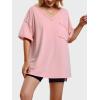 imageEXLURA Womens 2024 Summer Oversized T Shirts Loose Fit Short Sleeve V Neck Tops Athletic Workout Gym trendy TeePink
