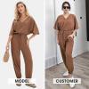 imageEXLURA Womens 2025 Summer Jumpsuits Casual Dressy One Piece Deep V Neck Batwing Short Sleeve Wrap Waist Romper with PocketsCoffee
