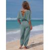 imageEXLURA Womens 2025 Summer Jumpsuits Casual Dressy One Piece Deep V Neck Batwing Short Sleeve Wrap Waist Romper with PocketsGrey Blue