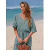 imageEXLURA Womens 2025 Summer Jumpsuits Casual Dressy One Piece Deep V Neck Batwing Short Sleeve Wrap Waist Romper with PocketsGrey Blue