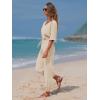 imageEXLURA Womens 2025 Summer Jumpsuits Casual Dressy One Piece Deep V Neck Batwing Short Sleeve Wrap Waist Romper with PocketsKhaki