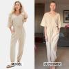 imageEXLURA Womens 2025 Summer Jumpsuits Casual Dressy One Piece Deep V Neck Batwing Short Sleeve Wrap Waist Romper with PocketsKhaki
