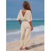 imageEXLURA Womens 2025 Summer Jumpsuits Casual Dressy One Piece Deep V Neck Batwing Short Sleeve Wrap Waist Romper with PocketsKhaki