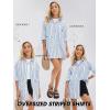 imageEXLURA Womens Button Down Shirts Oversized Striped Shirt Dress Long Sleeve Collared Blouses with Pockets Beach Casual OutfitsBlue