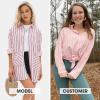 imageEXLURA Womens Button Down Shirts Oversized Striped Shirt Dress Long Sleeve Collared Blouses with Pockets Beach Casual OutfitsPink