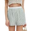 imageEXLURA Womens Stripe Print Exposed Boxer Shorts Elastic High Waisted Wide Leg Y2K Workout Gym ShortsBlue Stripe