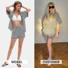 imageEXLURA Womens Summer 2 Piece Sets Casual Short Sleeve Striped Shirts Shorts Matching Sets Vacation Cruise Beach Outfits 2025Grey