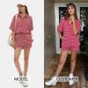 imageEXLURA Womens Summer 2 Piece Sets Casual Short Sleeve Striped Shirts Shorts Matching Sets Vacation Cruise Beach Outfits 2025Red