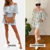 imageEXLURA Womens Summer Floral Romper Dress Off Shoulder Ruffle Elastic Wasit Wide Leg Shorts Jumpsuit Vacation Beach 2025Blue Floral